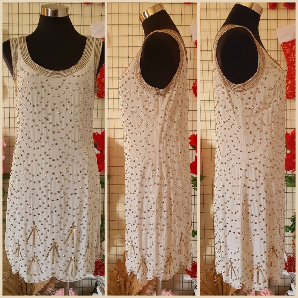 ALANNAH HILL | 100% Silk - Main & Lining | White Beaded Dress Sleeveless | AU 12 - Picture 2 of 15